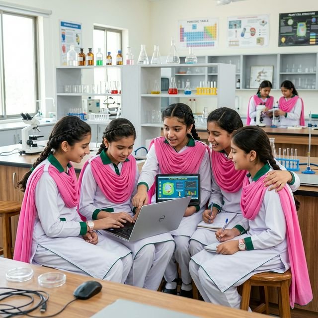 Girls (Aged 8-12) in White Shalwar Kameez and Pink Dupattas performing experiments on laptop