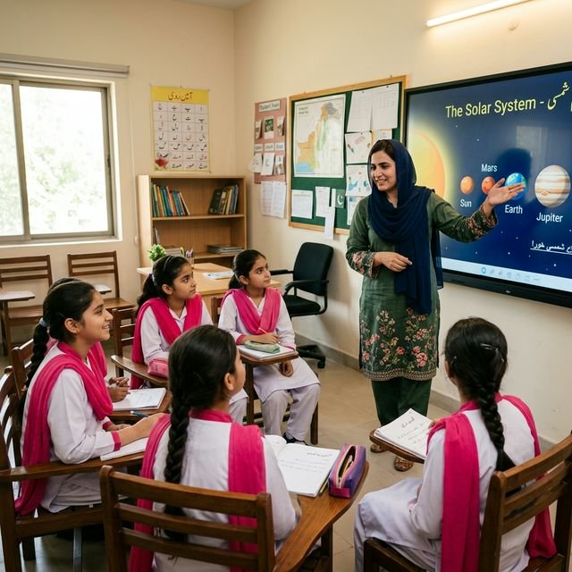 Pakistani Female Teacher (with Dupatta on Head) teaching girls in White Shalwar Kameez and Pink Dupattas